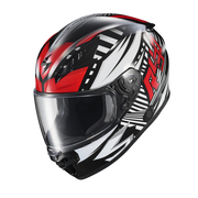 A full-face motorcycle helmet with a glossy black, white, and red graphic design, featuring a clear visor, shown against a plain white background.