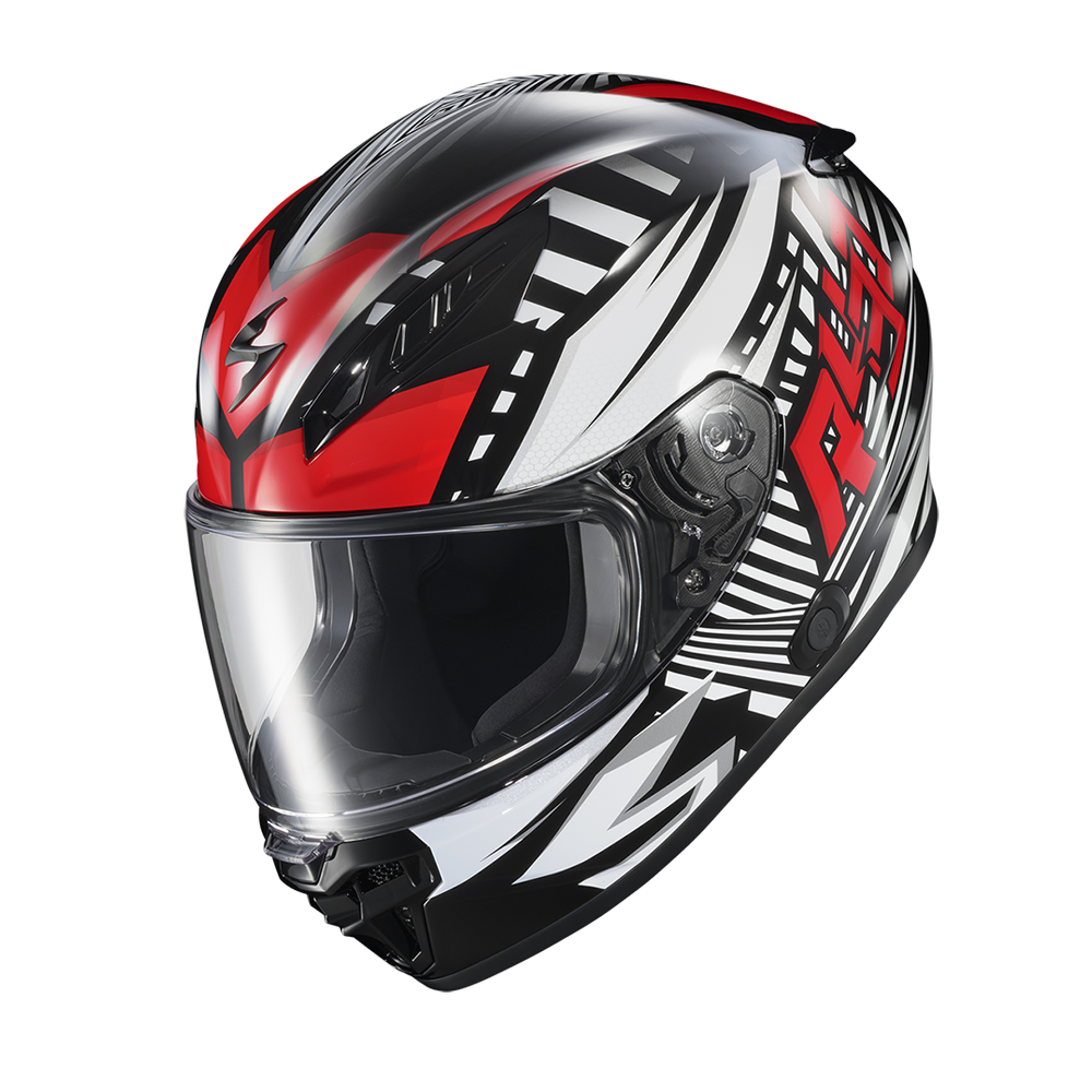 A full-face motorcycle helmet with a glossy black, white, and red graphic design, featuring a clear visor, shown against a plain white background.