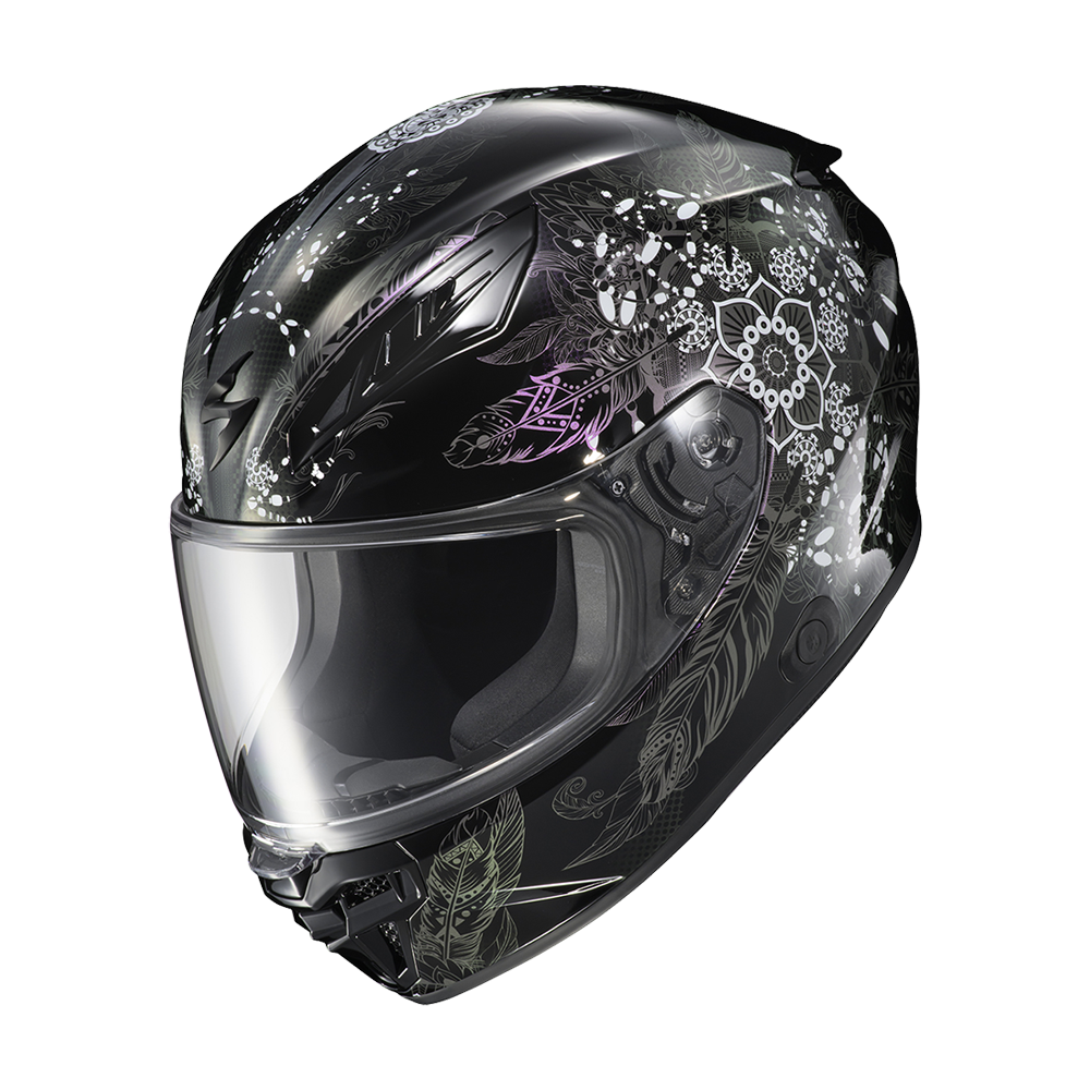 A full-face motorcycle helmet in glossy black with white floral and butterfly patterns and a purple logo, featuring a clear visor, shown on a plain white background.