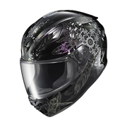 A full-face motorcycle helmet in glossy black with white floral and butterfly patterns and a purple logo, featuring a clear visor, shown on a plain white background.