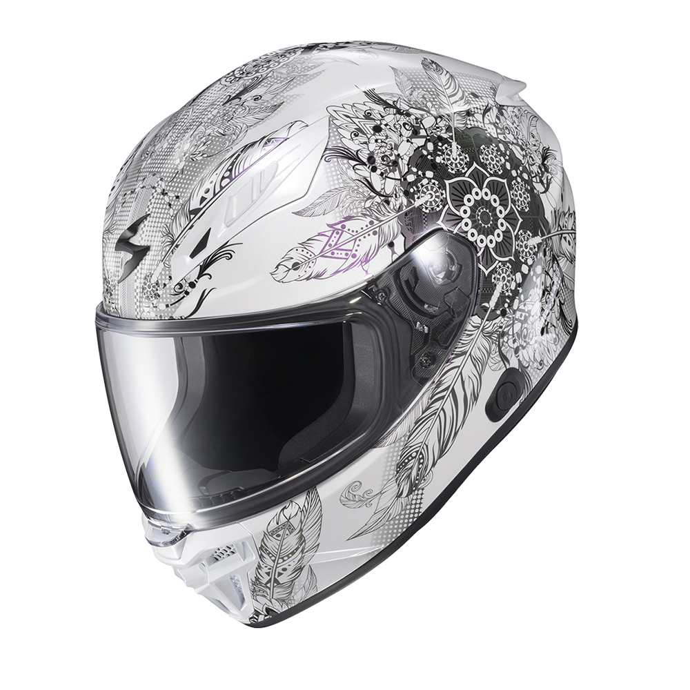 A full-face motorcycle helmet with a glossy white base decorated with intricate black and gray floral, tribal, and abstract line-art patterns, featuring a clear visor.
