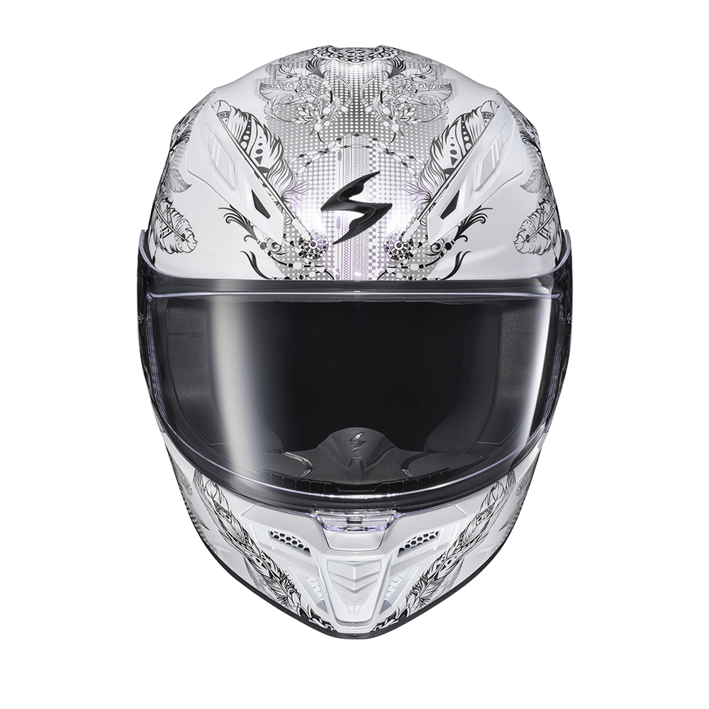 A full-face motorcycle helmet with a white base and intricate black and gray graphic patterns, featuring a dark tinted visor and a stylized 'S' logo on the forehead.