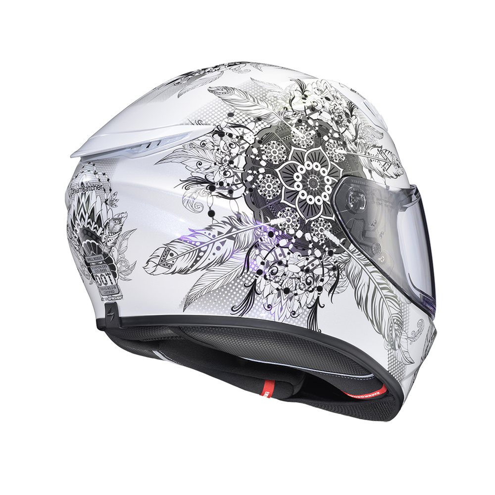 A white full-face motorcycle helmet with black floral and feather illustrations, featuring a clear visor and black interior padding.