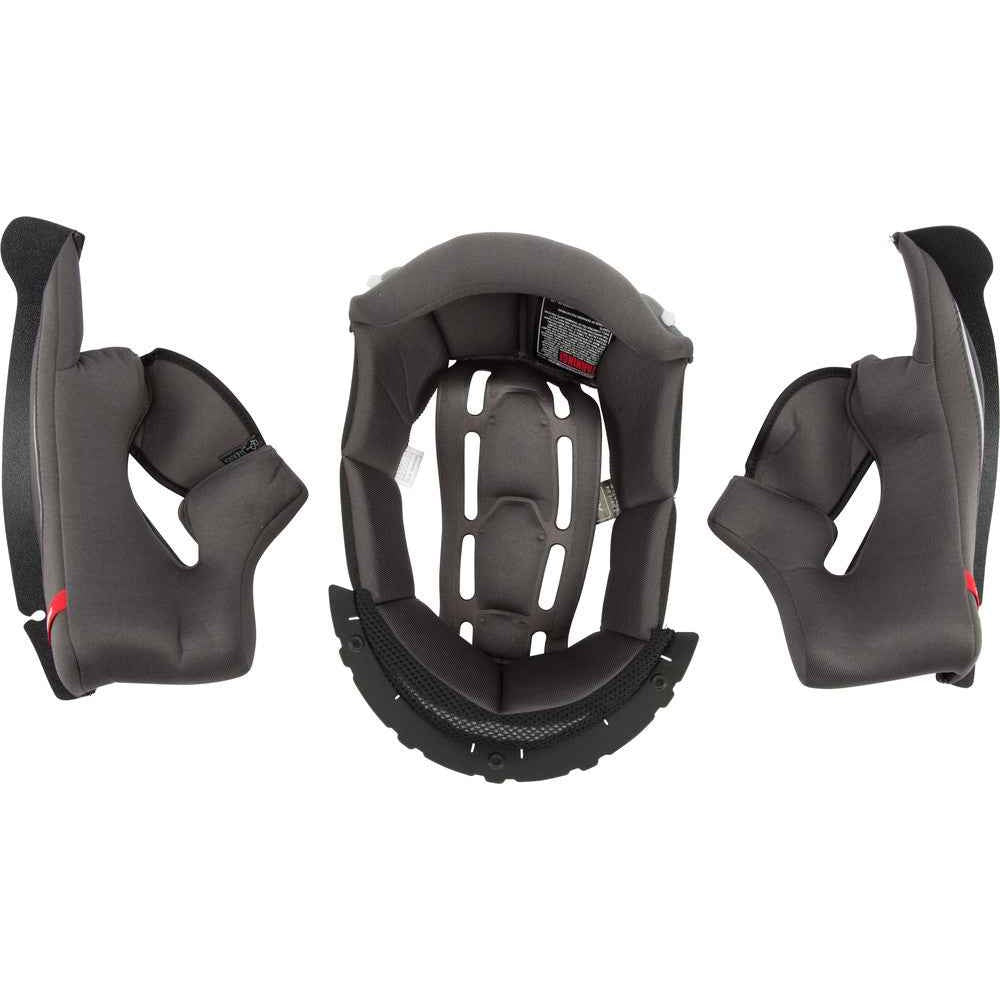 Three views of a gray car seat with shoulder straps on a white background