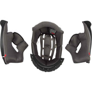Three views of a gray car seat with shoulder straps on a white background