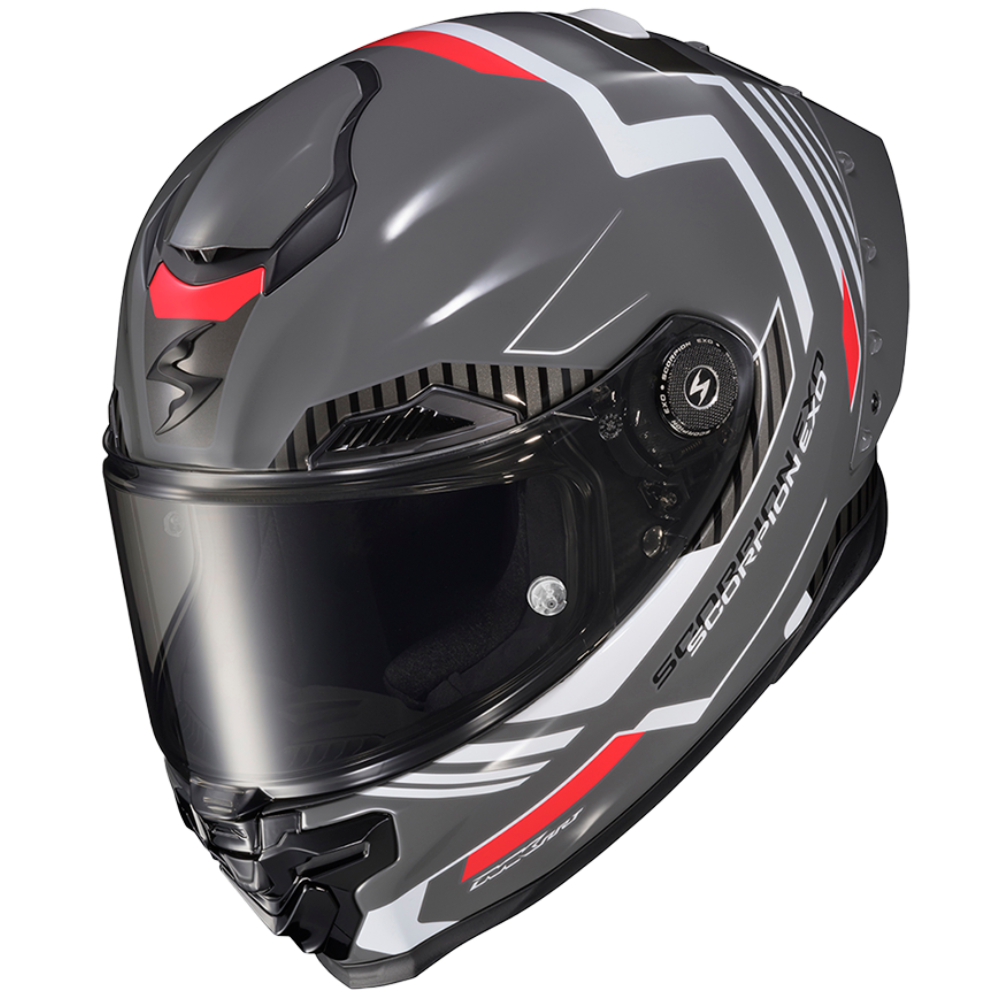 A full-face motorcycle helmet in dark gray with white graphic stripes and red accents, featuring a clear visor and the brand name 'SCORPION PRO' printed on the side.