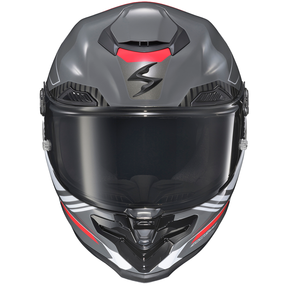 A full-face motorcycle helmet in dark gray with a black visor, featuring red and white graphic accents on the sides and top.
