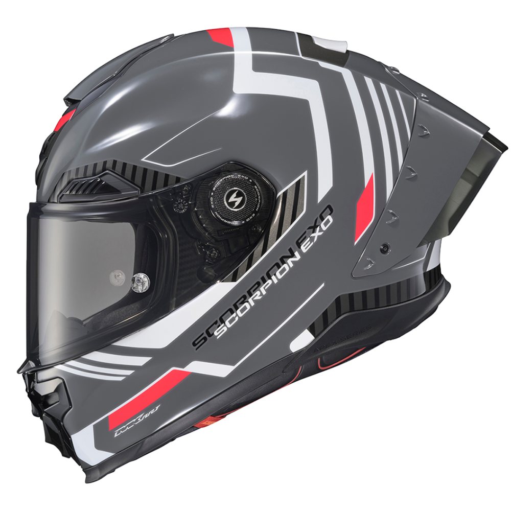 A full-face motorcycle helmet in dark gray with white graphic stripes and red accents, featuring a clear visor and 'SCORPION EXO' branding on the side.