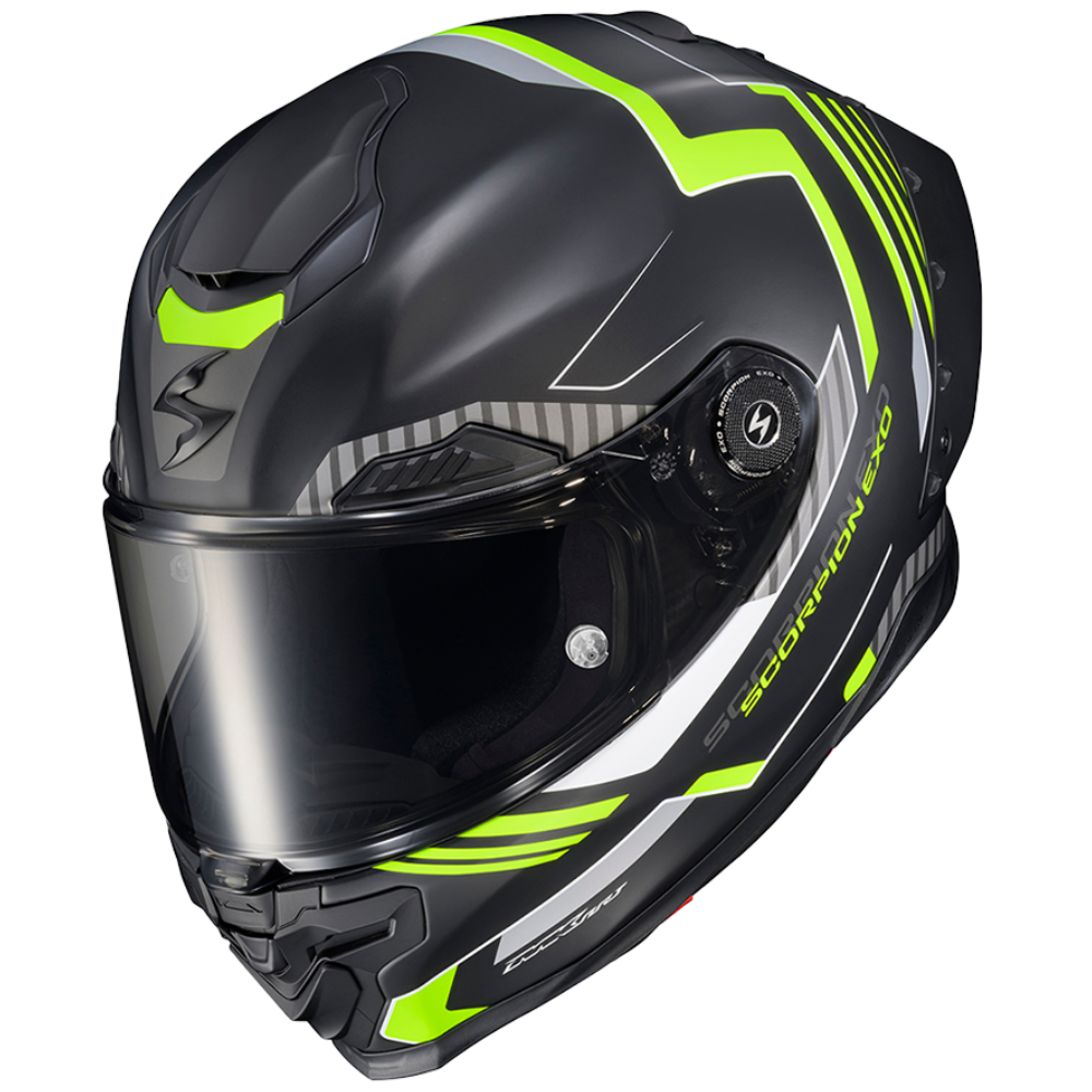 A full-face motorcycle helmet in matte black with vibrant neon yellow-green and silver graphic accents, featuring a clear visor and the 'SCORPION' brand name printed on the side.