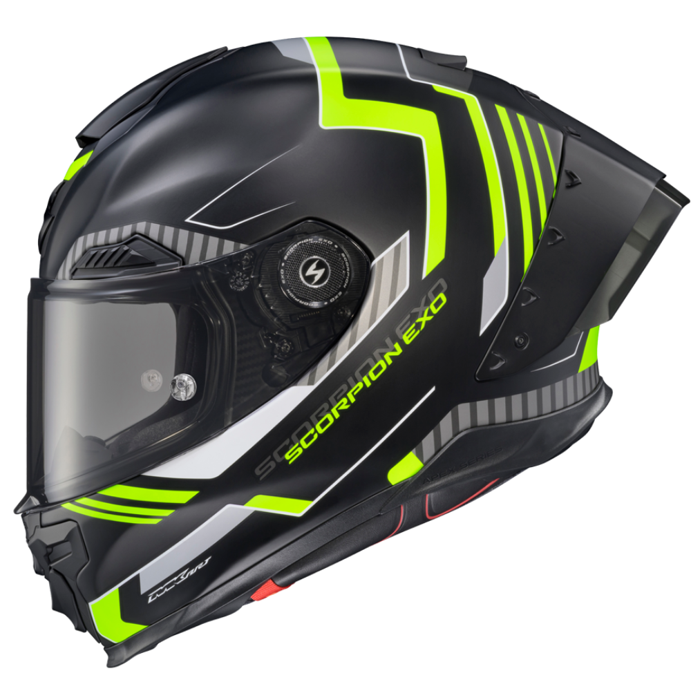 A matte black full-face motorcycle helmet with high-visibility neon yellow-green graphics, a clear visor, and 'SCORPION EXO' branding on the side, shown against a plain white background.