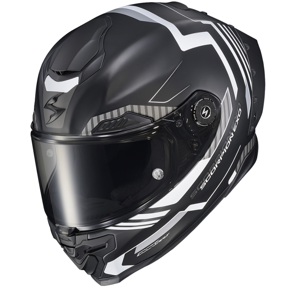 A black full-face motorcycle helmet with white graphic stripes and a dark visor, shown on a plain white background.