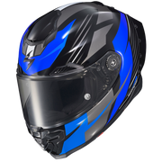 A full-face motorcycle helmet in glossy black and vibrant blue with angular graphic patterns, featuring a dark visor and an integrated side ventilation port, shown on a plain white background.