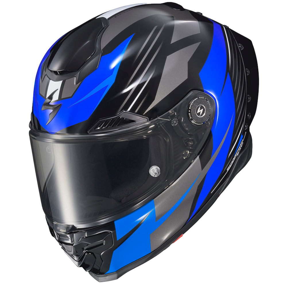 A full-face motorcycle helmet in glossy black and vibrant blue with angular graphic patterns, featuring a dark visor and an integrated side ventilation port, shown on a plain white background.