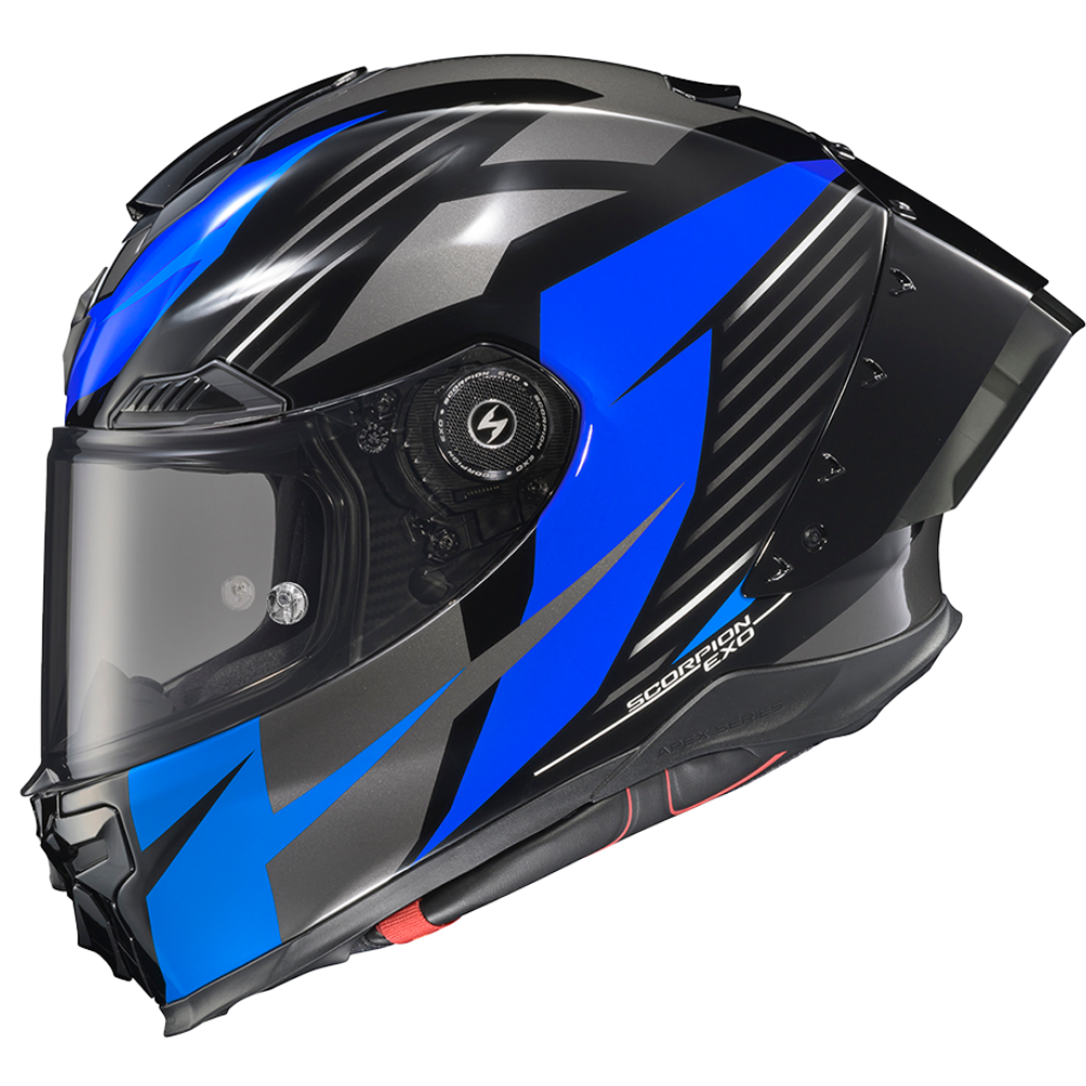 A full-face motorcycle helmet in glossy black and vibrant blue, featuring a clear visor and the 'SCORPION' model name printed on the side.