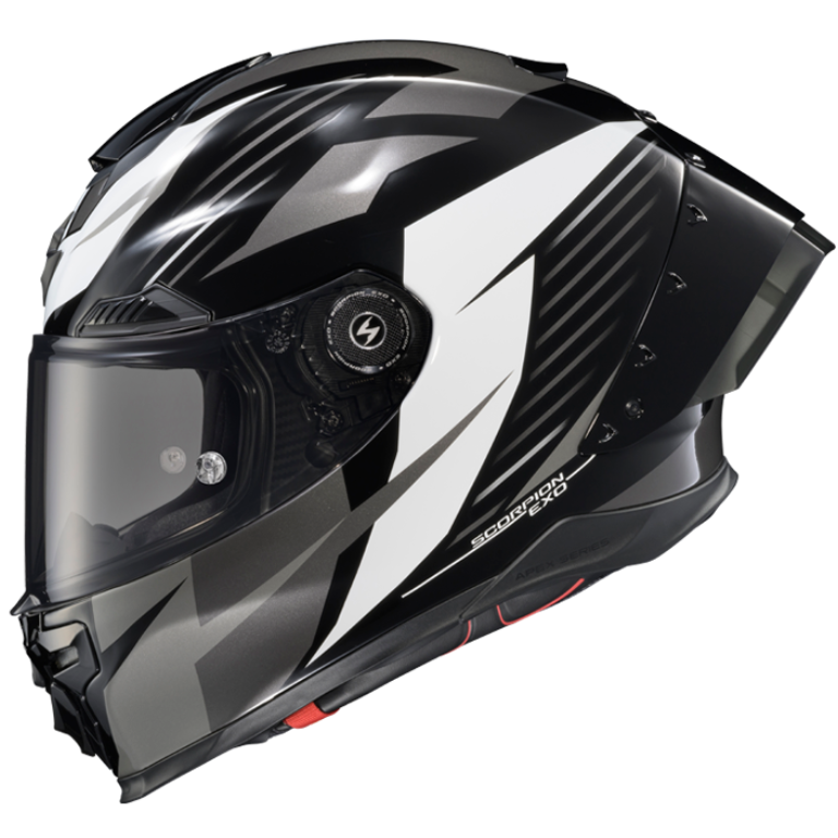 A full-face motorcycle helmet in a glossy black and white color scheme, featuring a clear visor and the 'Scorpion EXO' brand name printed on the side.
