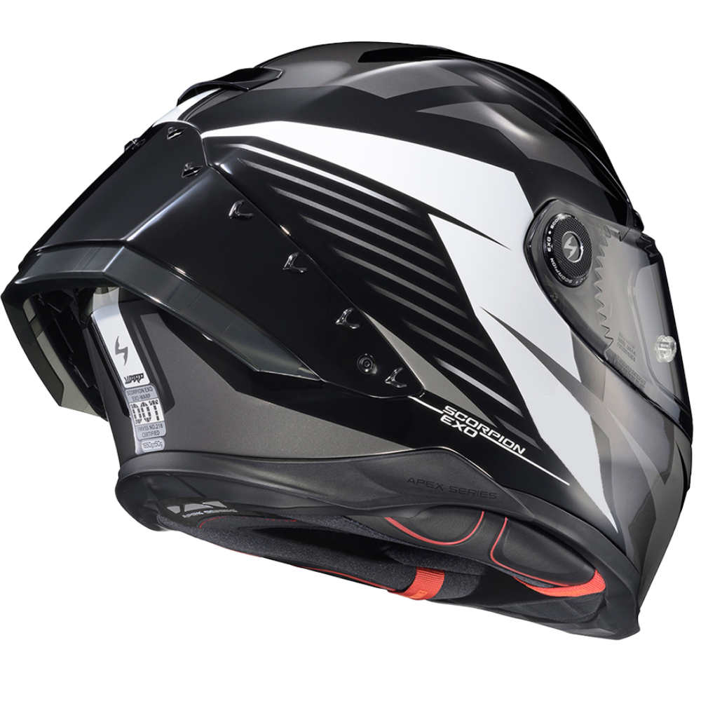 A black and white full-face motorcycle helmet with a clear visor, featuring graphic white stripes and the brand name 'SCORPION' printed on the side.