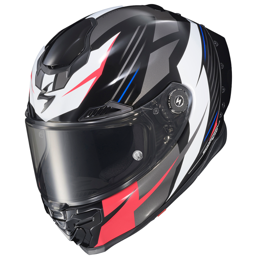 A full-face motorcycle helmet with a glossy black, white, and red color scheme, featuring a dark tinted visor and a visible circular ventilation dial on the side.