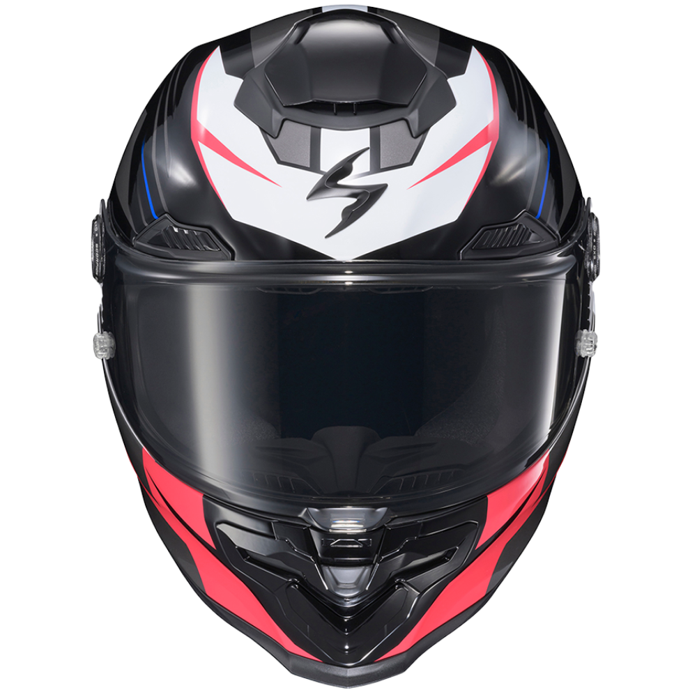 A full-face motorcycle helmet in glossy black with white, red, and gray graphic accents, shown from the front against a plain white background.