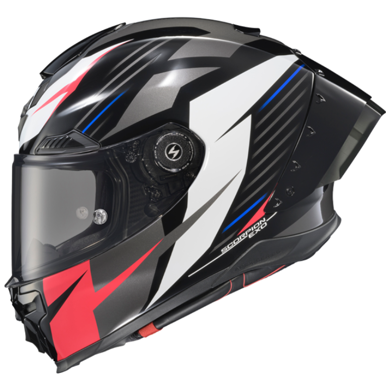 A full-face motorcycle helmet in a glossy black, white, and red color scheme, featuring a clear visor and the 'SCORPION' model name printed on the side.