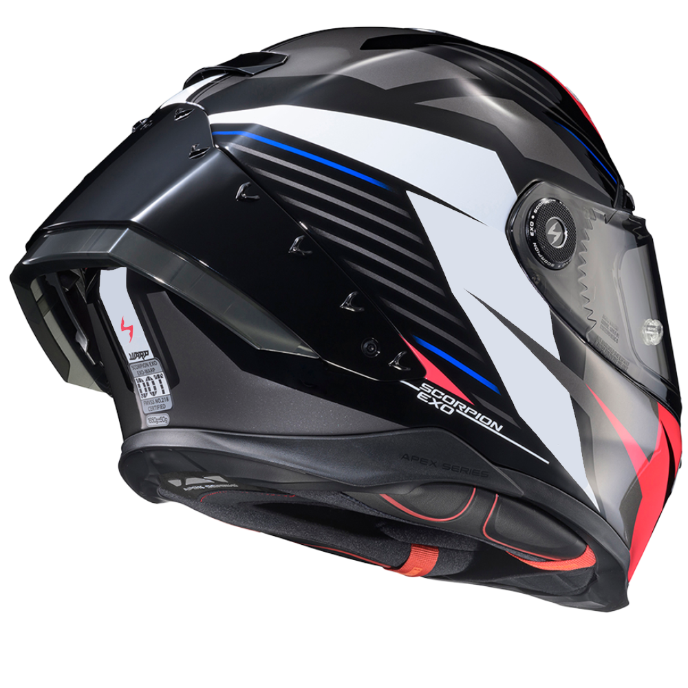 A full-face motorcycle helmet in glossy black with white graphic panels, blue stripes, and red accents, shown from a side profile view against a white background.
