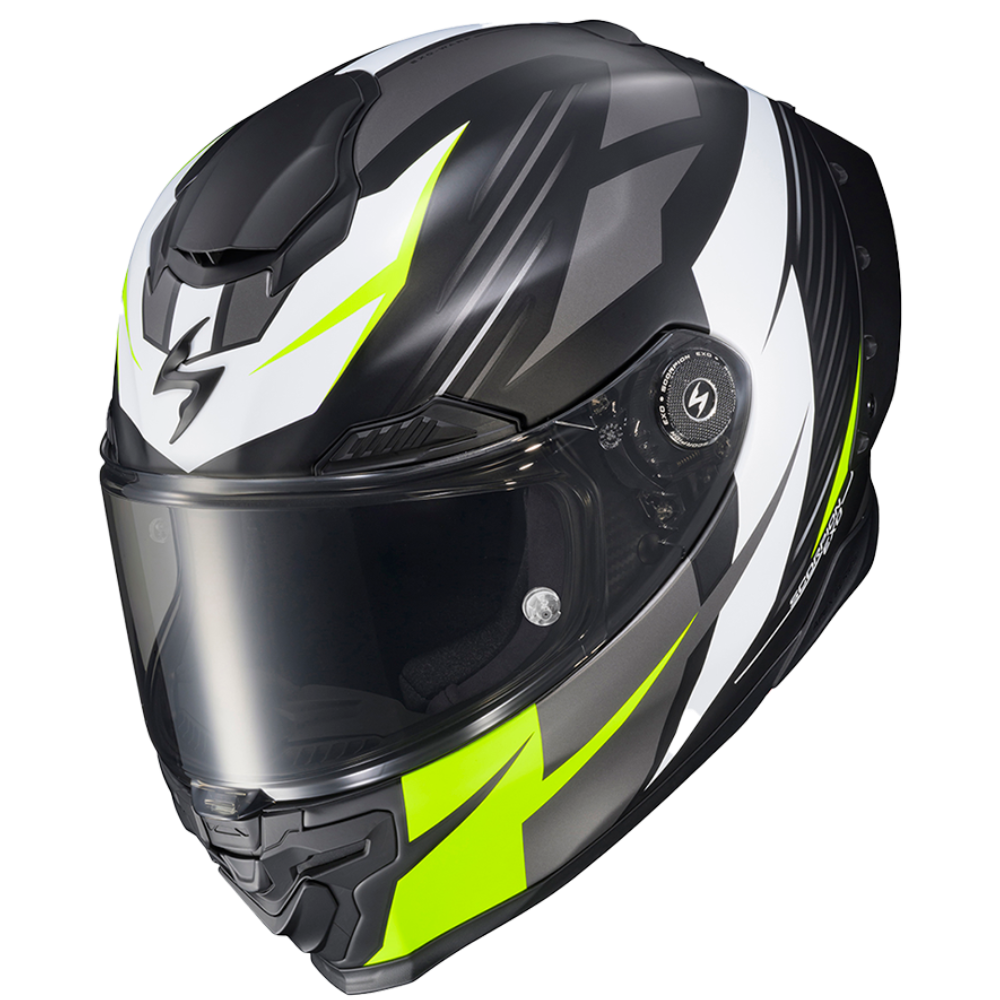 A full-face motorcycle helmet in a glossy black, white, and neon yellow-green color scheme, featuring a clear visor, shown on a solid white background.
