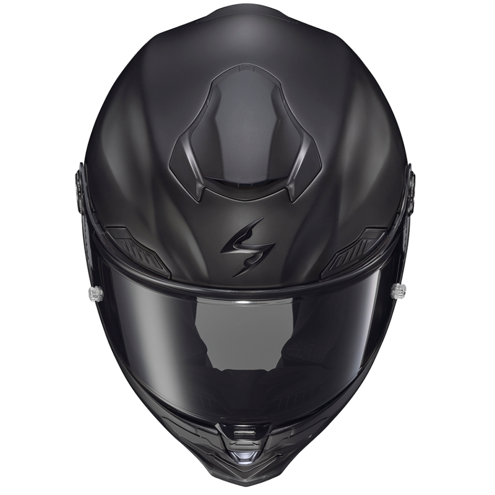 A matte black full-face motorcycle helmet with a glossy visor, shown from a front-facing perspective on a solid white background.