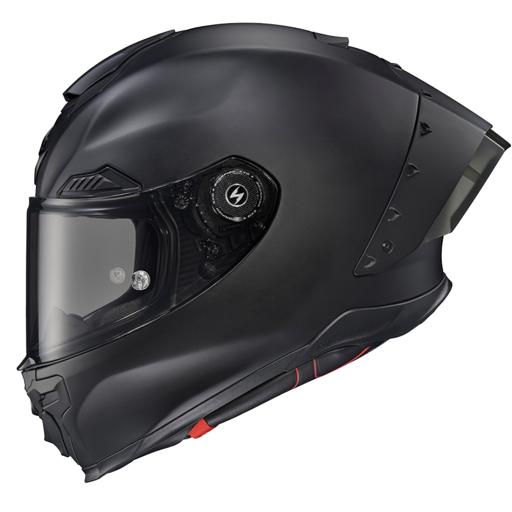A matte black full-face motorcycle helmet with a clear visor, shown in a three-quarter side profile against a solid white background.