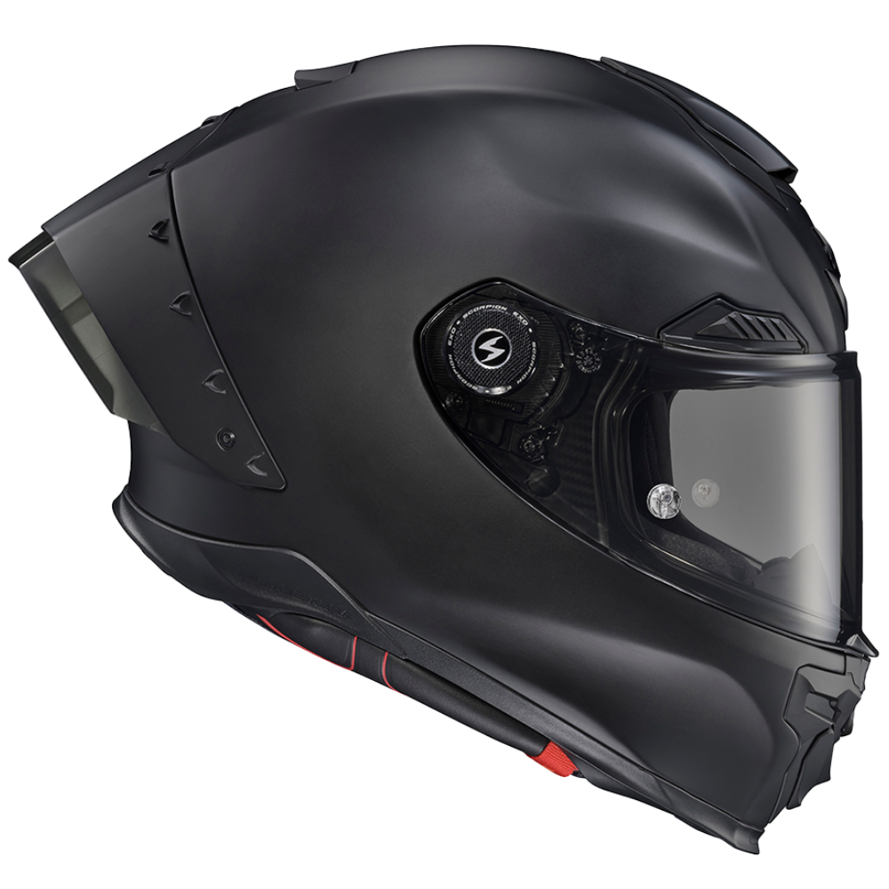 Black motorcycle helmet with clear visor on a white background