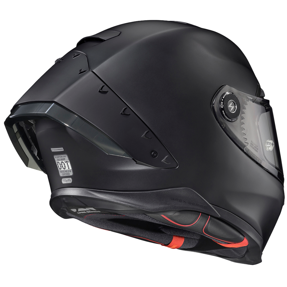 A matte black full-face motorcycle helmet with a clear visor, shown from a three-quarters rear angle against a plain white background.