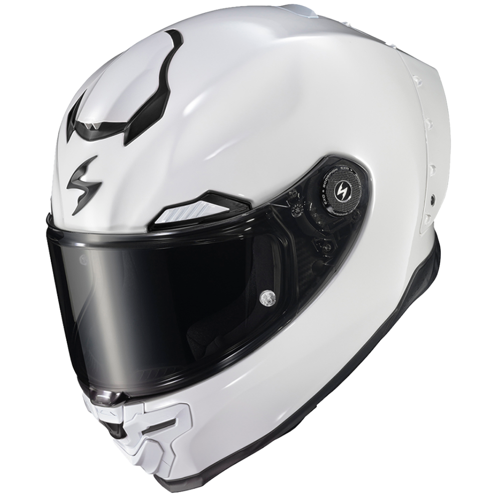 White motorcycle helmet with black visor on a white background