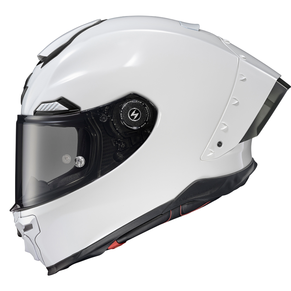 A white full-face motorcycle helmet with a dark visor and black trim details, shown from a side profile on a white background.