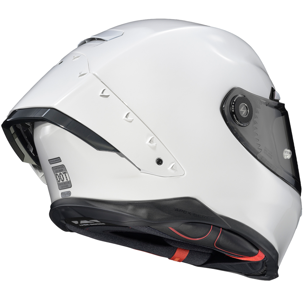 A white full-face motorcycle helmet with a dark visor and black chin bar, shown from a side profile on a white background.