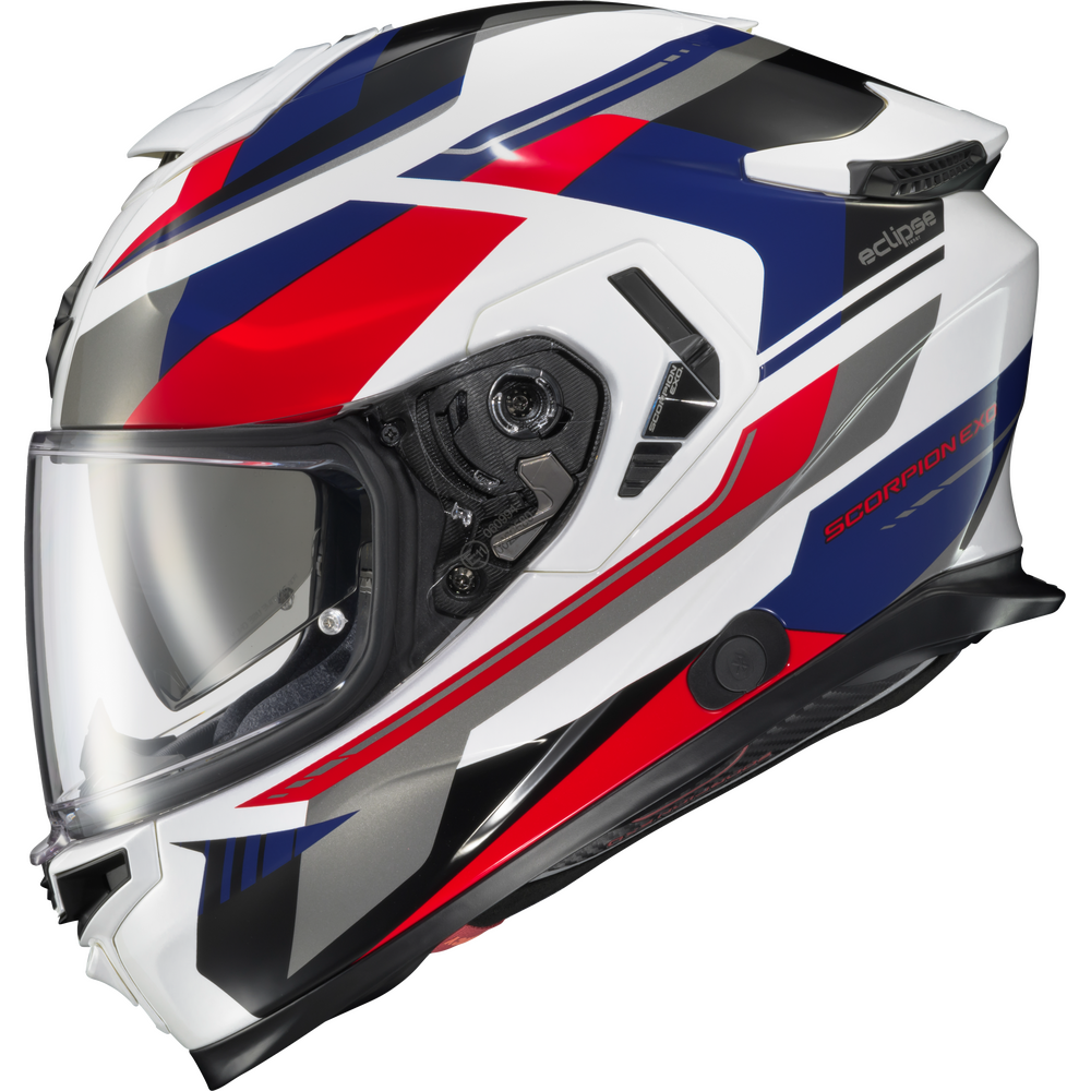 A full-face motorcycle helmet with a white base and bold red, blue, and black graphic stripes, featuring a clear visor and visible 'scramler' branding.