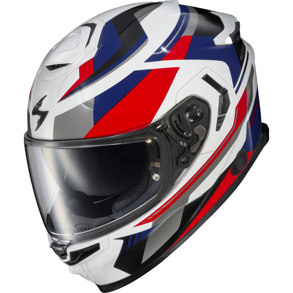 A full-face motorcycle helmet in white with bold red, blue, and black graphic stripes and a clear visor, shown on a plain white background.