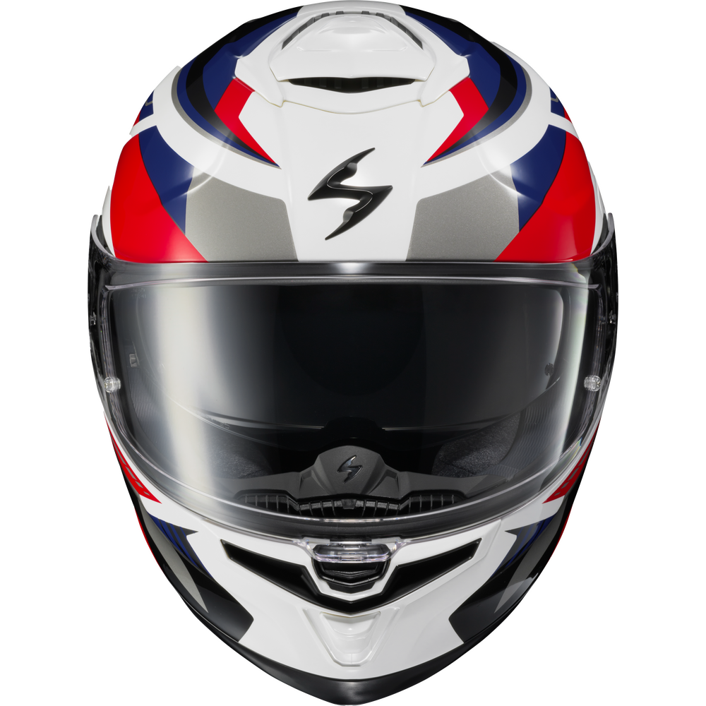 A full-face motorcycle helmet with a white, red, and blue graphic design and a clear visor, shown against a plain white background.