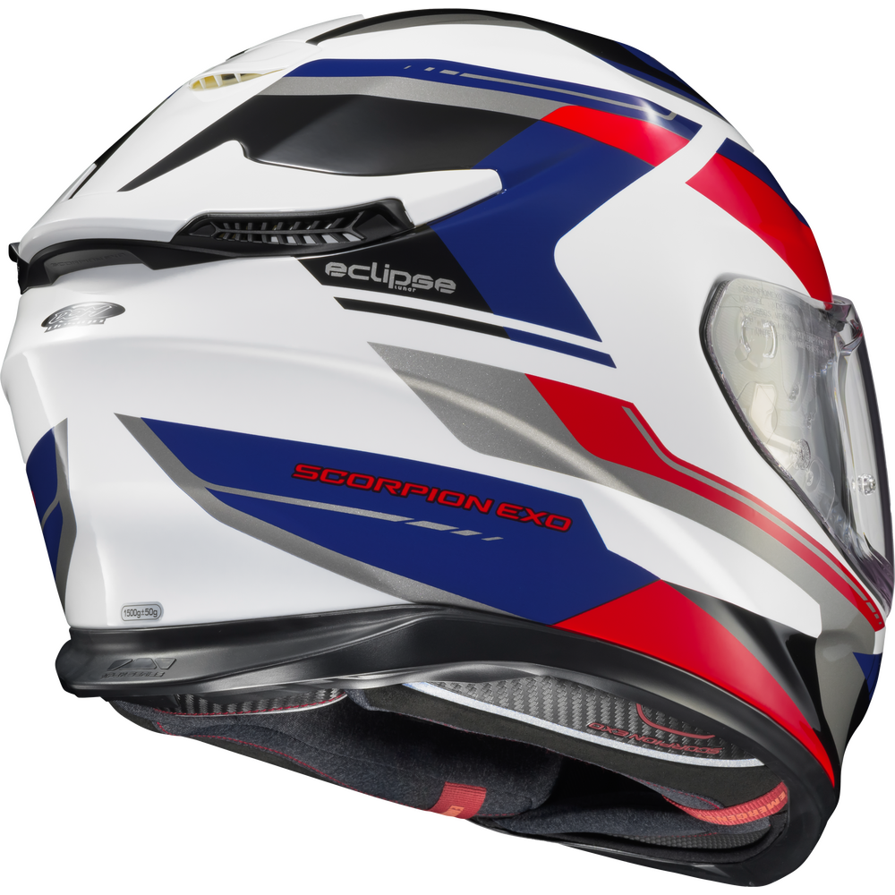 A white full-face motorcycle helmet with blue and red graphic stripes, featuring the 'scopse' and 'SCORPION EXO' branding, shown against a plain white background.