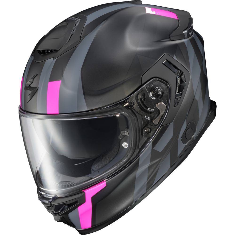 A full-face motorcycle helmet in a glossy black finish with geometric gray graphic patterns and vibrant hot pink accent stripes, shown against a plain white background.