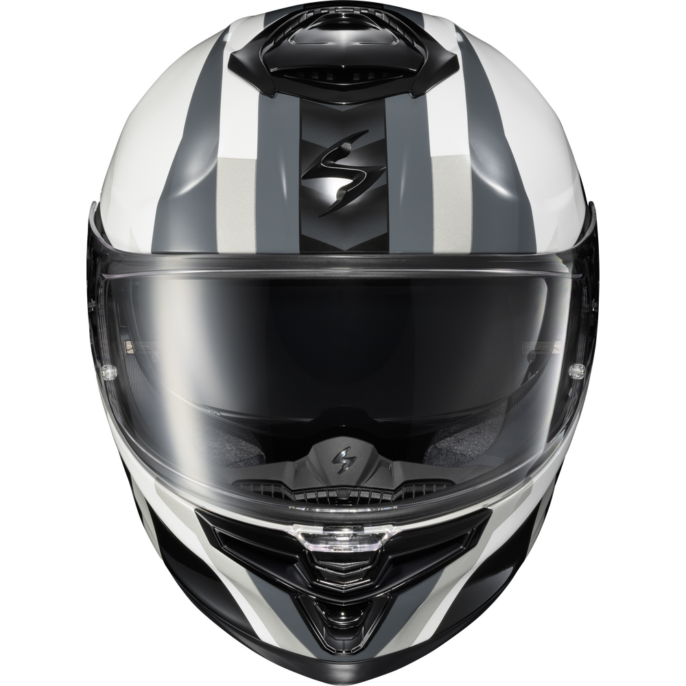 A full-face motorcycle helmet in white, gray, and black with a clear visor, shown from a front-facing perspective on a white background.