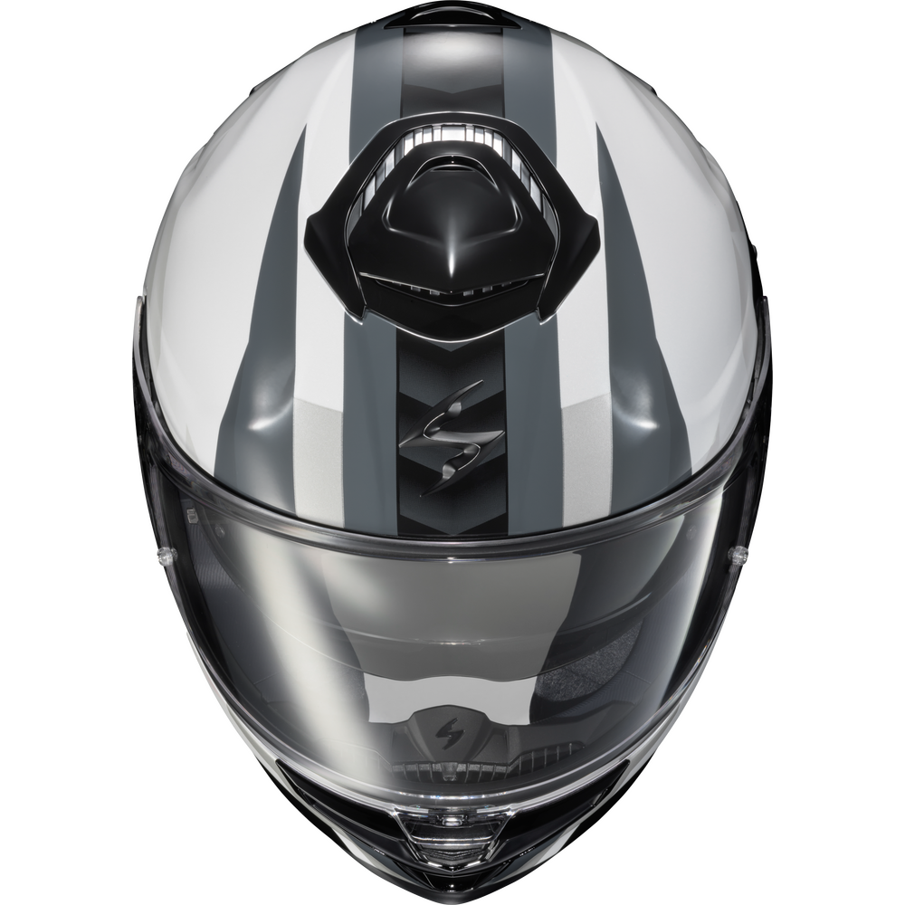 A full-face motorcycle helmet in glossy white and dark gray with a black visor and central black ventilation detail, shown on a plain white background.