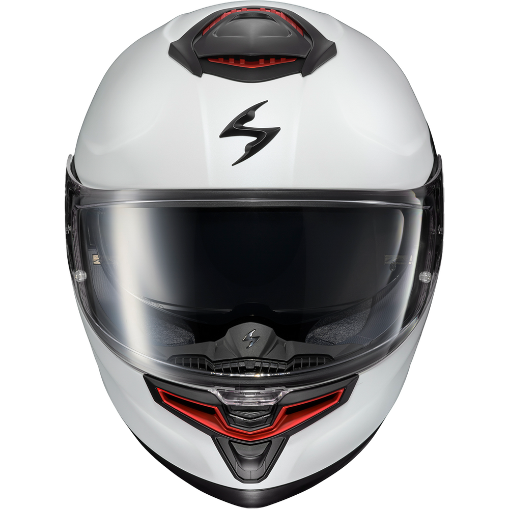 A white full-face motorcycle helmet with a clear visor, featuring a black stylized 'S' logo on the forehead and red accents on the top and lower chin area.