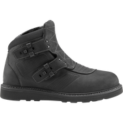 A black mid-calf work boot with dual hook-and-loop strap closures, contrast stitching, and a rugged black sole, shown from a side profile on a white background.