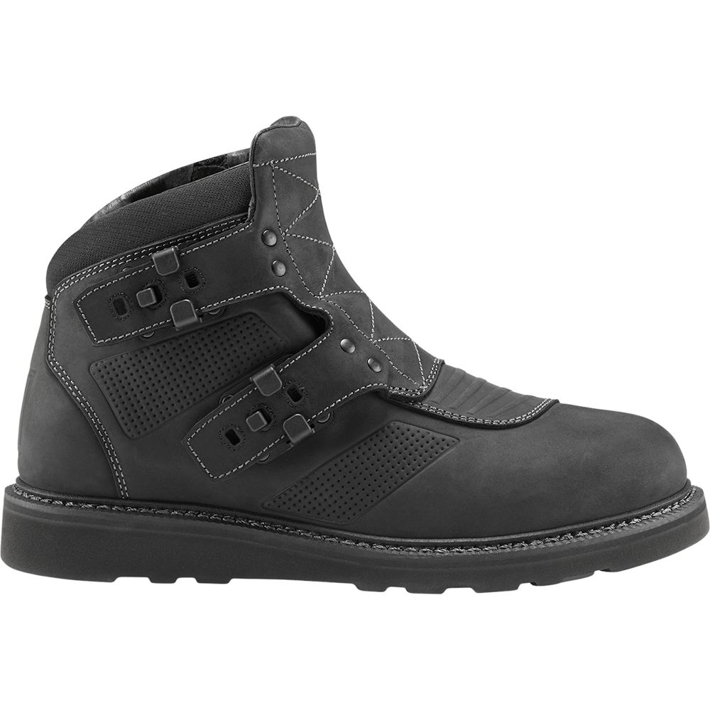 A black mid-calf work boot with dual hook-and-loop strap closures, contrast stitching, and a rugged black sole, shown from a side profile on a white background.