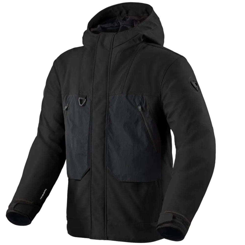 Black jacket with a hood on a light gray background