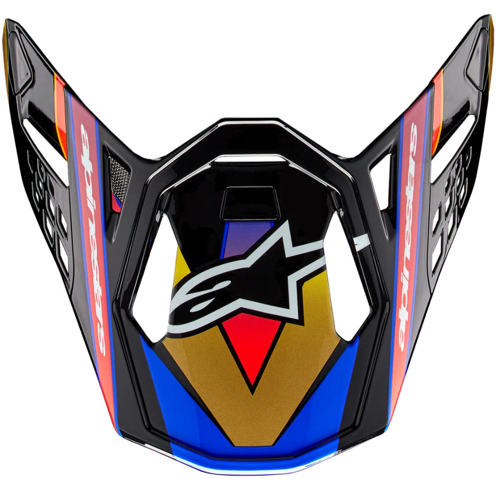 Colorful motorcycle helmet visor with a brand logo on a white background