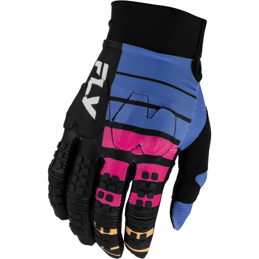 A single motocross or cycling glove shown against a plain white background. The glove features a color-blocked design with black, blue, and pink sections, along with textured black finger padding and a white 'FLY' logo on the back.