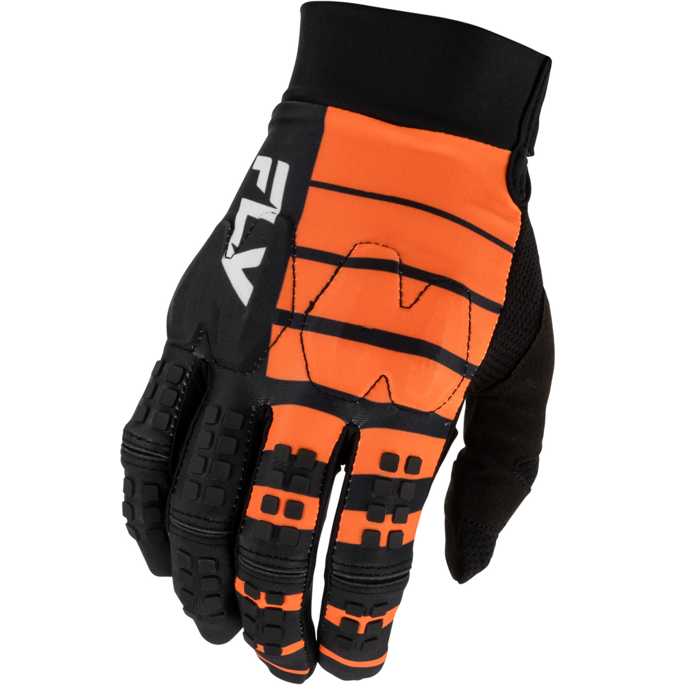 A single motocross or cycling glove in black and bright orange, featuring the white 'FLY' brand logo on the back, set against a plain white background.