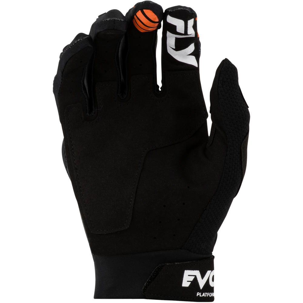 A black motocross glove shown from the back, featuring a white and black stylized 'E' logo on the index finger and a small orange basketball graphic on the middle finger, set against a plain white background.