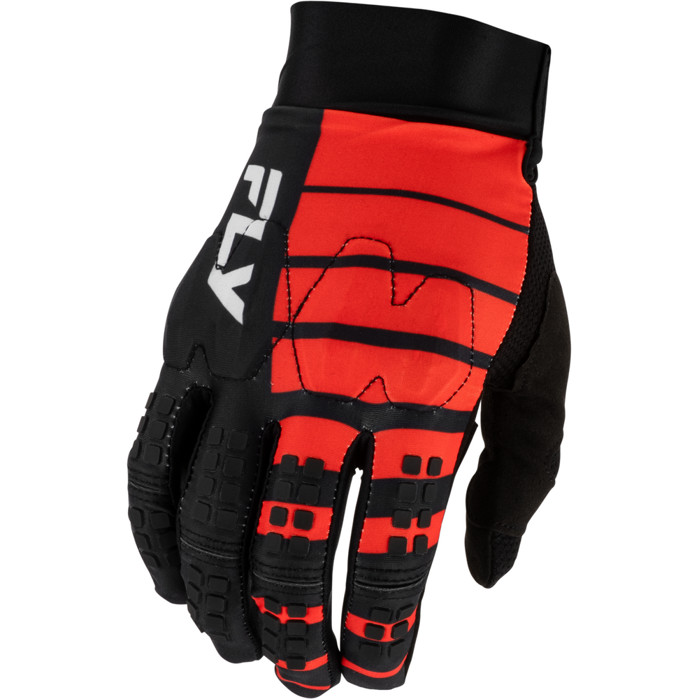 A single motocross or cycling glove in black and bright red, featuring a white 'FLY' logo on the back, shown against a plain white background.