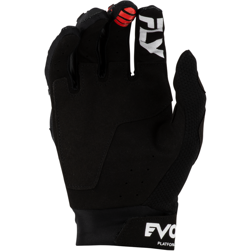 A single black Fly Racing motocross  glove with white logo branding on the back of the hand and wrist, featuring a red accent on the thumb, shown against a plain white background.