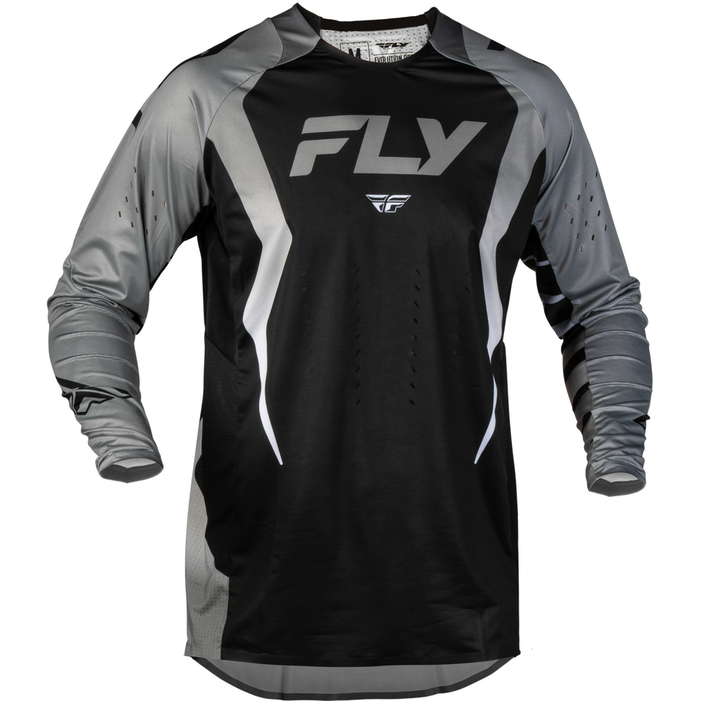 A long-sleeve motocross jersey in black and gray with white graphic accents, featuring the 'FLY' brand logo on the chest.